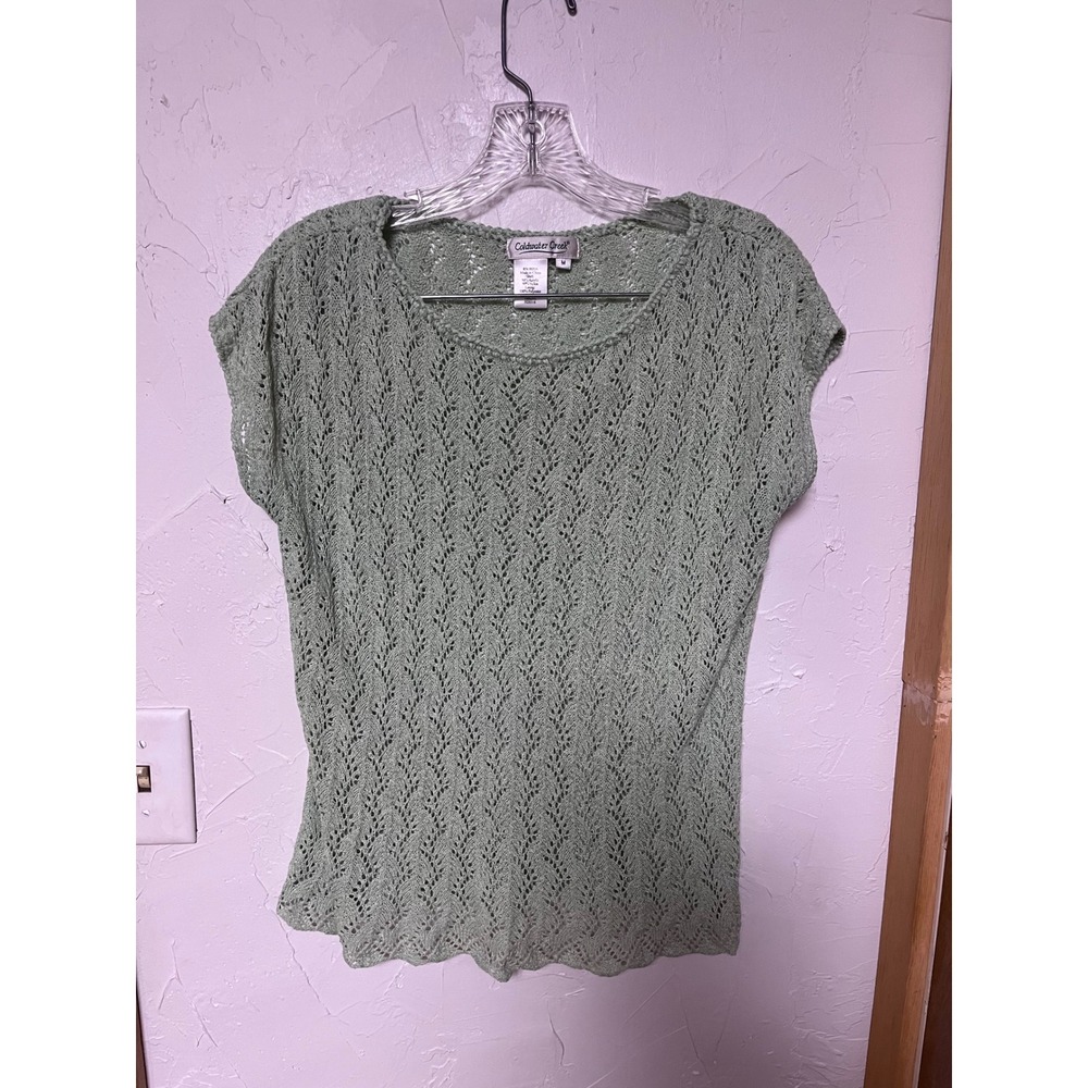 Coldwater Creek Sage Green Pointelle Knit Top Short Sleeve Scoop Neck‎ Medium